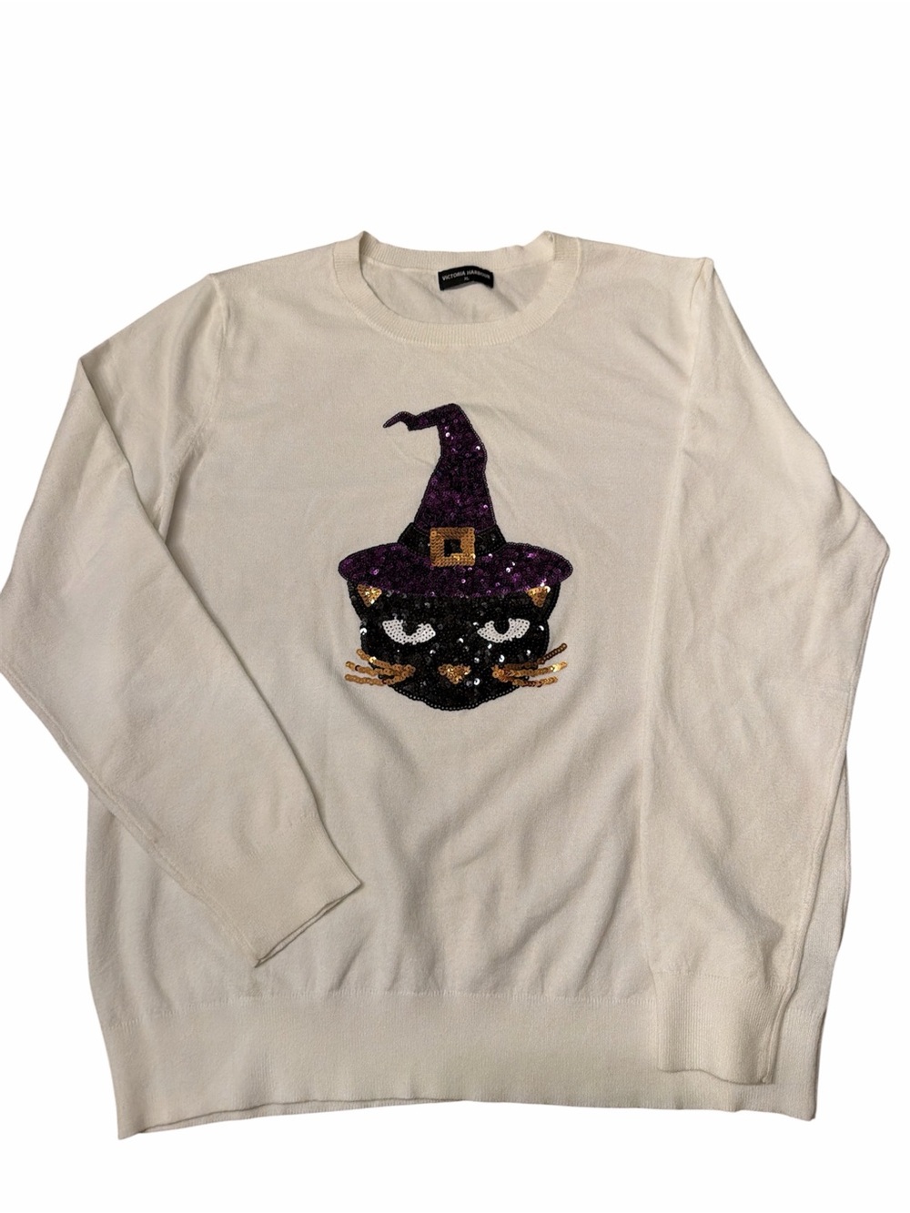 Cream Sequin Halloween Witch Cat Crewneck Sweater